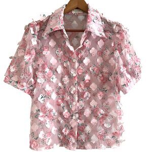 Sapphire Pink 3D Rose Blouse S Sheer Floral Button Up Dainty Cottagecore Fairy